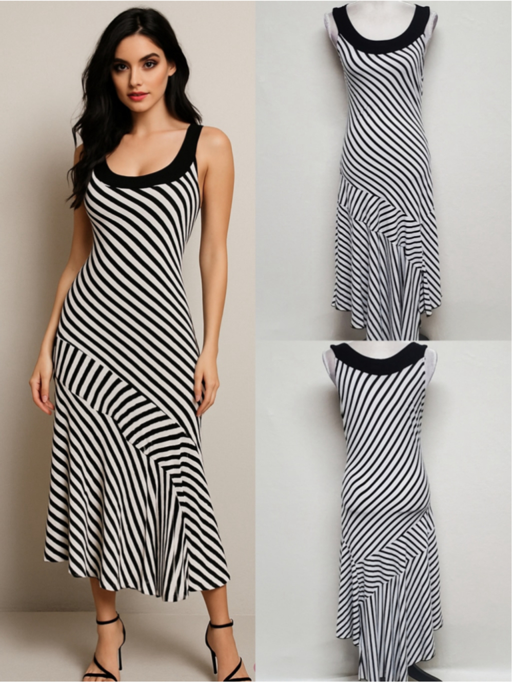 Vintage 90s PS Per Seption Black White Mixed Striped Asymmetric Midi Dress M